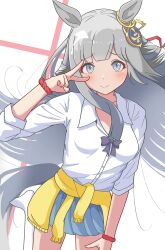 1girl absurdres alternate_costume animal_ears blunt_bangs blush breasts chrono_genesis_(umamusume) commentary_request hair_between_eyes hair_ornament hard7v2 highres horse_ears horse_girl leg_up looking_at_viewer school_uniform small_breasts smile solo umamusume v white_background