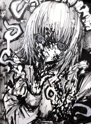 1girl ? @_@ apron blood blood_on_face chan8016 cigarette greyscale hand_up highres long_sleeves looking_at_viewer maid_apron maid_headdress medium_hair monochrome original sketch skull_print solo upper_body