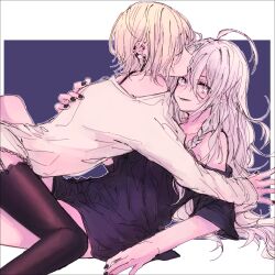 2girls amane_(7783) black_dress black_nails black_thighhighs blonde_hair commentary_request dress ear_piercing garter_straps hand_on_another&#039;s_back highres hoshi_syoko idolmaster idolmaster_cinderella_girls long_hair long_sleeves multiple_girls off-shoulder_shirt off_shoulder parted_lips piercing purple_background shirasaka_koume shirt short_hair smile straddling thighhighs two-tone_background white_background white_eyes white_hair white_shirt yuri