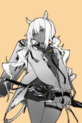 Rule 34 | 1girl, animal ears, arknights, chinese commentary, closed mouth, commentary request, cowboy shot, dress, hair between eyes, hair tie, halftone, highres, holding, jacket, long hair, long sleeves, looking to the side, open clothes, open jacket, partial commentary, partially colored, piaoliu ping ping ping pingzi, purple eyes, short dress, simple background, solo, standing, thigh strap, tuye (arknights), yellow background