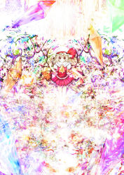 1girl alternate_wings ascot blonde_hair bow colorful crystal embodiment_of_scarlet_devil female_focus flandre_scarlet frilled_shirt frilled_skirt frills grin hat hat_bow highres large_hat looking_at_viewer mob_cap puffy_short_sleeves puffy_sleeves rasha red_bow red_eyes red_shirt red_skirt shirt short_hair short_sleeves skirt smile solo surreal thighs touhou white_hat wings yellow_ascot