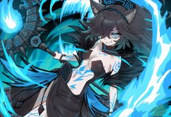 1girl animal_ear_fluff animal_ears bangle bare_shoulders black_dress black_hair blue_eyes body_markings bracelet breasts cat_ears cleavage dark_kasli_(nyanko_daisensou) detached_collar dress dutch_angle ebora feather_boa fire grin hair_over_one_eye hairband head_tilt headpiece highres holding holding_staff jewelry long_hair looking_at_viewer navel nyanko_daisensou pale_skin revealing_clothes sleeveless sleeveless_dress slit_pupils small_breasts smile solo staff standing