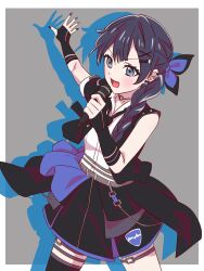 1girl :d black_jacket black_necktie black_skirt black_thighhighs blue_eyes blue_hair blush border braid choker collared_shirt commentary cowboy_shot drop_shadow grey_background hair_ornament highres holding holding_microphone i_do_me!_(love_live!) jacket link!_like!_love_live! long_hair looking_ahead love_live! microphone miniskirt multiple_thigh_straps murano_sayaka myrain56991013 necktie o-ring o-ring_choker official_alternate_costume open_clothes open_jacket open_mouth outside_border outstretched_arm pleated_skirt shirt simple_background single_braid single_sleeve skirt smile solo thighhighs virtual_youtuber white_border white_shirt x_hair_ornament
