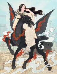 Rule 34 | 1girl, animal, architecture, bat wings, black dragon, black hair, blue sky, closed mouth, day, dragon, earrings, fire, flying, hair ornament, jewelry, long hair, miki katoh (hinamokuren), open mouth, original, outdoors, pale skin, qilin (mythology), sitting, sitting on animal, sky, watermark, wings