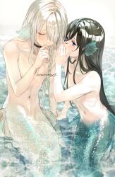 2boys black_choker black_hair blue_eyes braid choker closed_eyes closed_mouth collarbone expressionless fins grey_hair hair_over_one_eye hair_over_shoulder hand_up head_fins highres light_smile long_hair looking_at_another male_focus merman monster_boy multiple_boys navel nnnyj original partially_submerged simple_background single_braid stomach straight_hair topless_male trap twitter_username water watermark whispering_in_ear white_background