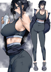 1girl absurdres bare_shoulders black_jacket black_pants black_sports_bra bottle breasts cleavage crop_top hair_bun high-waist_pants highres jacket kyoyakyo large_breasts long_hair original pants shoes sidelocks small_head sneakers solo sports_bra steaming_body sweat water_bottle yoga_pants