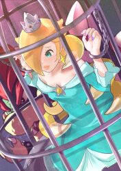 1boy 1girl absurdres blonde_hair blue_dress blue_eyes bowsette brooch cage chain dress earrings hair_over_one_eye highres jewelry kurere1202 long_hair mario_(series) nintendo purple_nails rosalina solo_focus star_brooch strapless strapless_dress
