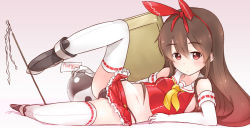 10s 1girl adapted_costume black_panties bow breasts brown_eyes brown_hair clothes_lift crop_top crotch elbow_gloves facing_viewer female_focus full_body gloves gohei gradient_background hair_bow hakurei_reimu haraegushi kantai_collection leg_up long_hair looking_at_viewer lying microskirt midriff miniskirt naik no_bra nontraditional_miko on_side oonusa panties panty_straps pleated_skirt sailor_collar shimakaze_(kancolle) sideboob skirt skirt_lift small_breasts solo spread_legs thighhighs thong touhou underwear white_sailor_collar white_thighhighs yin_yang