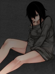 1girl against_wall aoshima bare_legs between_legs black_eyes black_hair black_shirt breasts collarbone commentary_request dark empty_eyes expressionless female_focus hair_over_one_eye hand_between_legs highres large_breasts looking_down original shirt shirt_slip short_hair sidelocks sitting solo