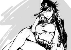 1girl belt breasts closed_mouth crossed_legs genderswap genderswap_(mtf) greyscale hat highres jojo_no_kimyou_na_bouken kotatsu_(g-rough) kuujou_joutarou large_breasts lips long_hair looking_at_viewer midriff monochrome navel solo stardust_crusaders