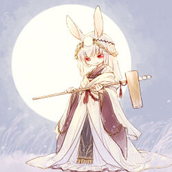 1girl animal_ears black_kimono closed_mouth commentary_request dated_commentary dress frilled_dress frills full_body full_moon grey_background grey_hair hands_up headpiece holding holding_mallet japanese_clothes kimono kine long_sleeves looking_at_viewer mallet moon obi original painttool_sai_(medium) rabbit_ears rakuni red_eyes sash smile solo standing thick_eyebrows veil white_dress wide_sleeves