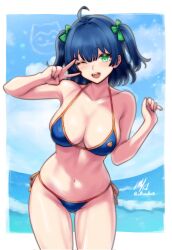 1girl ;d bikini blue_bikini blue_hair blue_sky blush border bow cloud commentary day english_commentary green_bow green_eyes hair_bow halterneck highres looking_at_viewer ocean one_eye_closed open_mouth original outside_border rotomdocs short_hair side-tie_bikini_bottom sky smile solo standing string_bikini swimsuit teeth thighs tongue two_side_up upper_teeth_only v v_over_eye white_border