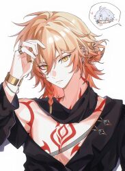 Rule 34 | 2boys, alternate costume, antenna hair, black shirt, blonde hair, bracelet, braid, chest tattoo, chibi, closed eyes, ear piercing, facial tattoo, gold bracelet, gold ring, gradient hair, hair between eyes, hashtag-only commentary, highres, honkai: star rail, honkai (series), jewelry, jxunnnno, looking at viewer, male focus, medium hair, multicolored hair, multiple boys, multiple rings, mydei (honkai: star rail), off shoulder, pectoral cleavage, pectorals, phainon (honkai: star rail), piercing, ponytail, red hair, red tattoo, ring, shirt, side braid, simple background, solo focus, spoken character, tattoo, thumbs up, upper body, white background, white hair, yellow eyes
