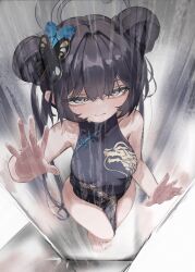 Rule 34 | 1girl, bare arms, bare legs, bare shoulders, barefoot, black dress, blue archive, blush, breasts, butterfly hair ornament, china dress, chinese clothes, closed mouth, double bun, dragon print, dress, gerrigeri, grey halo, hair between eyes, hair bun, hair ornament, halo, highres, kisaki (blue archive), long hair, pelvic curtain, sleeveless, sleeveless dress, solo, twintails