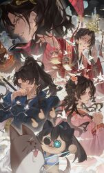 Rule 34 | 6+boys, absurdres, animalization, blue hanfu, brown hair, chinese clothes, coat, cosplay, family hierarch candidate (identity) (project moon), grin, hair intakes, hair ribbon, hand up, hands up, hanfu, heathcliff (project moon), high ponytail, highres, hong lu (project moon), jia qiu (project moon), jia qiu (project moon) (cosplay), jia xichun (project moon), jia xichun (project moon) (cosplay), jia yuanchun (project moon), jia yuanchun (project moon) (cosplay), limbus company, lin daiyu (project moon), lin daiyu (project moon) (cosplay), long hair, multiple boys, multiple persona, pink hanfu, ponytail, project moon, red coat, red hanfu, ribbon, scar, scar on face, scar on hand, smile, string, string of fate, tokulily, very long hair, what, xue baochai (project moon), xue baochai (project moon) (cosplay), xue pan (project moon), yellow ribbon