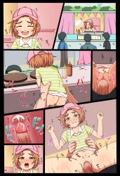 1girl 4boys biting_own_lip brown_hair cum cum_in_pussy ejaculation food_truck grabbing_another&#039;s_waist hair_ornament hairclip hat highres idolmaster loli menu multiple_boys penis pussy rinouru ryuzaki_kaoru sex sex_from_behind short_hair size_difference smile stealth_sex tagme trembling vaginal