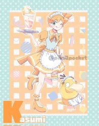 1girl ;p alternate_costume apron bow bowtie character_name corrupted_twitter_file dress food full_body gen_1_pokemon green_eyes highres holding holding_tray ice_cream ice_cream_float looking_at_viewer maid maid_apron maid_headdress misty_(pokemon) nintendo one_eye_closed orange_bow orange_bowtie orange_dress orange_hair orange_shoes pika2pocket pokemon pokemon_(anime) pokemon_(classic_anime) pokemon_(creature) ponytail psyduck puffy_short_sleeves puffy_sleeves shoes short_hair short_ponytail short_sleeves side_ponytail standing standing_on_one_leg tongue tongue_out tray twitter_username