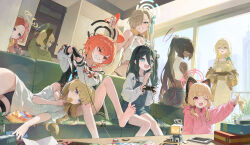 6+girls absurdly_long_hair absurdres ahoge akane_(blue_archive) alternate_costume animal_ear_headphones animal_ears aris_(blue_archive) asuna_(blue_archive) barefoot black_hair blonde_hair blue_archive casual cat_ear_headphones chips_(food) cleaning_&amp;_clearing_(blue_archive) controller dark-skinned_female dark_skin fake_animal_ears food forehead game_development_department_(blue_archive) green_halo halo headphones highres holding holding_controller holding_tray karin_(blue_archive) kei_(robot)_(blue_archive) lap_pillow long_hair lying midori_(blue_archive) momoi_(blue_archive) multiple_girls neru_(blue_archive) number_tattoo on_side one_eye_closed orange_halo potato_chips red_hair shirt siblings sisters sitting tattoo toki_(blue_archive) tray twins u.rang very_long_hair white_shirt yellow_halo yuzu_(blue_archive)