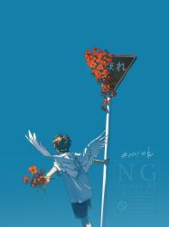 1boy aqua_background back blue_shorts brown_hair english_text flower highres holding holding_flower male_focus original red_flower rido_(ridograph) shirt short_hair shorts sign simple_background solo standing watermark white_shirt white_wings wings