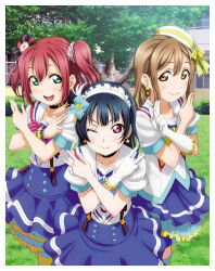 3girls aqua_eyes artbook asymmetrical_gloves blue_hair blue_skirt blush bow brown_hair choker collarbone day earrings elbow_gloves flower gloves hair_flower hair_ornament hat highres jewelry kunikida_hanamaru kurosawa_ruby layered_skirt long_hair looking_at_viewer love_live! love_live!_sunshine!! maid_headdress multiple_girls non-web_source official_art one_eye_closed open_mouth outdoors purple_eyes red_hair ribbon scrunchie shirt short_sleeves skirt smile standing suspender_skirt suspenders thighhighs tree tsushima_yoshiko twintails two_side_up uneven_gloves white_gloves white_scrunchie white_shirt yellow_eyes yellow_ribbon
