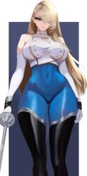 anklet black_boots black_gloves black_thighhighs blonde_hair blue_eyes blue_pants boots breasts brown_dust_(series) brown_dust_2 cameltoe colored_skin gloves highres holding holding_sword holding_weapon jewelry large_breasts long_hair non-web_source pants shindan_maker shirt standing sword themaker thighhighs weapon white_shirt white_skin wide_hips wilhelmina_(brown_dust)