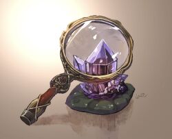 Rule 34 | commentary request, crystal, gem, highres, magnifying glass, no humans, object focus, original, purple gemstone, signature, simple background, still life, yamabuki (haruirokerria)