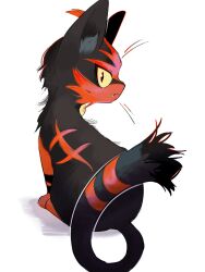 animal_ears cat cat_ears cat_tail closed_mouth fang full_body gen_7_pokemon highres kashiwa_gnu litten looking_at_viewer looking_back multicolored_cat nintendo no_humans pokemon pokemon_(creature) pokemon_sm red_stripes simple_background tail white_background yellow_eyes
