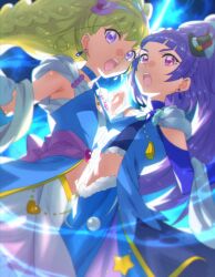 2girls armpits black_hat blonde_hair blue_arm_warmers blue_choker blue_skirt choker cure_magical cure_magical_(sapphire_style) cure_miracle cure_miracle_(sapphire_style) diamond-shaped_brooch diamond_brooch earrings face-to-face folded_braid gradient_clothes gradient_skirt hat heart holding_hands jewelry mahou_girls_precure! midriff mini_hat mini_witch_hat multiple_girls murakami_hisashi open_mouth pink_eyes pink_hat precure purple_eyes purple_hair skirt star_(symbol) teeth upper_teeth_only wide_ponytail witch_hat