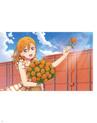1girl artbook blue_sky bouquet cloud day dress flower hair_between_eyes highres holding holding_flower long_hair looking_at_viewer love_live! love_live!_superstar!! non-web_source official_art open_mouth orange_flower orange_hair outdoors purple_eyes shibuya_kanon sky smile solo