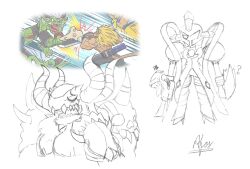 Rule 34 | bancholeomon, chaosmon, darkdramon, digimon, digimon (creature), jealous, leomon, looking at another, monochrome, orgemon, titamon