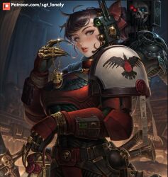 1girl adeptus_astartes armor blood_ravens blue_eyes blush bow breasts hair_bow high_ponytail holding jewelry large_breasts looking_at_viewer pauldrons ponytail power_armor purity_seal servo-skull sgt_lonely shoulder_armor solo warhammer_40k