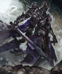 Rule 34 | 1other, abyssmalenia, armor, blue cape, bracelet, cape, elden ring, elden ring nightreign, extra arms, feet out of frame, great rune (elden ring), greatsword, helmet, heolstor the nightlord, highres, holding, holding sword, holding weapon, jewelry, pauldrons, reverse grip, shoulder armor, sigil, solo, spiked helmet, spiked pauldrons, standing, sword, triple wielding, weapon
