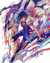1girl aqua_simulacra_(genshin_impact) arm_up artist_name asymmetrical_gloves black_boots black_gloves black_hair blue_dress blue_hair boots bow_(weapon) bracelet branch breasts china_dress chinese_clothes commentary dated diagonal_bangs dice dress earrings elbow_gloves fishnets flower full_body fur-trimmed_jacket fur-trimmed_sleeves fur_trim genshin_impact gloves gold_trim gradient_hair green_eyes highres holding holding_bow_(weapon) holding_weapon jacket jacket_on_shoulders jewelry medium_breasts mismatched_gloves mole mole_on_breast multicolored_hair neck_ring parted_lips pelvic_curtain pink_flower say0ran short_hair sidelocks sleeveless sleeveless_dress smile solo sparkle star_(symbol) tassel thigh_boots uneven_gloves vision_(genshin_impact) water watermark weapon white_background white_gloves white_jacket yelan_(genshin_impact)