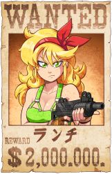 1girl blonde_hair border breasts character_name cleavage dragon_ball female_focus fingerless_gloves gloves gradient_background green_eyes gun hairband lunch_(bad)_(dragon_ball) lunch_(dragon_ball) machine_pistol mike_luckas poster_(medium) solo submachine_gun uzi wanted_poster weapon