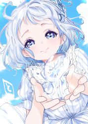 Rule 34 | 1girl, blue eyes, blush, braid, commentary request, dress, dutch angle, floating liquid, gakuen idolmaster, grey hair, hajime (idolmaster), half up braid, highres, idolmaster, katsuragi lilja, looking at viewer, outdoors, puffy short sleeves, puffy sleeves, short hair, short sleeves, smile, solo, striped clothes, striped dress, tagawa maru, upper body, vertical-striped clothes, vertical-striped dress, white dress