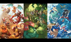 animal_ear_fluff beak beard blastoise blaziken charizard chesnaught cinderace claws cliff commentary decidueye delphox emboar empoleon facial_hair fangs feraligatr fins fire fish_tail flame-tipped_tail flying_kick furry gen_1_pokemon gen_2_pokemon gen_3_pokemon gen_4_pokemon gen_5_pokemon gen_6_pokemon gen_7_pokemon gen_8_pokemon grass greninja highres horns incineroar infernape inteleon kicking kuroi-tsuki leaf letterboxed looking_at_viewer meganium nintendo pokemon pokemon_(creature) pokemon_move primarina revision rillaboom samurott sceptile serperior shade snout starter_pokemon_trio surf_(pokemon) swampert swimming tail torterra tree tree_shade typhlosion venusaur wand water waving wings