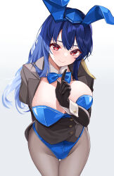 Rule 34 | 1girl, absurdres, alternate costume, animal ear hairband, animal ears, arm behind back, black gloves, black jacket, blue bow, blue bowtie, blue hair, blue hat, blue leotard, blush, bow, bowtie, breasts, closed mouth, commentary request, detached collar, fake animal ears, gloves, gradient background, grey background, grey pantyhose, hairband, hat, highres, iizunamaru megumu, jacket, large breasts, leotard, long hair, long sleeves, looking at viewer, meimei (meimei89008309), pantyhose, playboy bunny, rabbit ears, red eyes, smile, solo, strapless, strapless leotard, tokin hat, touhou, white background