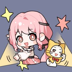 &gt;_o 1girl ahoge animal arm_cutout artist_request bare_shoulders belt black_belt black_bow black_ribbon blue_background blush_stickers bow bowtie bra_strap bright_pupils brown_eyes cat chibi clenched_hand cloak clothed_animal cropped_legs dancing ear_covers frilled_shirt frilled_skirt frilled_sleeves frills hair_bow hair_ribbon hand_on_own_hip happy hood hood_up hooded_cloak infinity_nikki layered_skirt long_hair long_sleeves low_twintails momo_(nikki) motion_lines nikki_(nikki) nikki_(series) off-shoulder_shirt off_shoulder official_art one_eye_closed open_mouth perfect_start_(infinity_nikki) pink_hair pink_skirt pleated_skirt puffy_long_sleeves puffy_sleeves red_bow red_bowtie ribbon shirt simple_background skirt sleeves_past_wrists smile sparkle spotlight star_(symbol) swept_bangs tareme traditional_bowtie tress_ribbon twintails v very_long_hair wavy_hair whiskers white_cat white_pupils white_shirt white_skirt yellow_cloak
