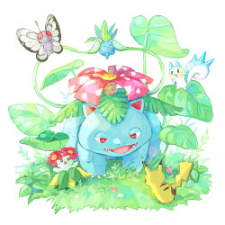 bellossom bright_pupils butterfree commentary_request creatures_(company) full_body game_freak gen_1_pokemon gen_2_pokemon gen_4_pokemon highres leaf looking_at_another nintendo no_humans nostrils oddish open_mouth pachirisu pikachu plant pokemon pokemon_(creature) red_eyes simple_background solo venusaur vines white_background white_pupils yutukicom