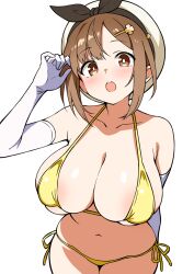 atelier_(series) atelier_ryza atelier_ryza_1 bikini breasts brown_eyes brown_hair ecgg_(tsuji418477) elbow_gloves gloves highres large_breasts looking_at_viewer reisalin_stout simple_background swimsuit white_background white_gloves yellow_bikini