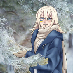 Rule 34 | 1girl, absurdres, blonde hair, blue coat, blue eyes, blue jacket, blush, coat, facepaint, fang, fur gloves, gloves, hair between eyes, henna (hentaiukr), hentaiukr, highres, holding, holding leaf, jacket, korzynka persykiv, layered clothes, leaf, light smile, looking at viewer, open mouth, original, outdoors, paint, ribbed sweater, scarf, sidelocks, signature, snow, solo, sweater, tongue, tree, ukraine, ukrainian flag, watermark, white scarf, white sweater, winter, winter clothes, winter gloves, winter uniform