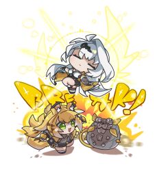 Rule 34 | 2girls, ahoge, animal ear fluff, animal ears, arikuigames1105, asymmetrical gloves, black unitard, chibi, chibi only, closed eyes, elbow gloves, fingerless gloves, gloves, grey shirt, hair ornament, high-waist shorts, highres, jacket, ju fufu, long hair, multiple girls, orange fur, shirt, shorts, single elbow glove, single hair intake, smile, striped fur, tail, tiger ears, tiger girl, tiger stripes, tiger tail, white hair, yellow jacket, yixuan (zenless zone zero), zenless zone zero