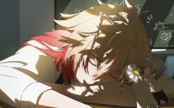 Rule 34 | 2boys, antenna hair, black pants, blonde hair, braid, chibi, chinese commentary, closed eyes, commentary request, facial tattoo, flower, gradient hair, hair between eyes, highres, holding, holding flower, honkai: star rail, honkai (series), huajing805, light particles, male focus, medium hair, multicolored hair, multiple boys, mydei (honkai: star rail), pants, phainon (honkai: star rail), red hair, red tattoo, shirt, short hair, side braid, sleeping, tattoo, white flower, white hair, white shirt, window shadow