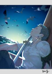 1boy adam&#039;s_apple against_wall armband artist_name bandana_around_arm bird black_armband black_pants closed_eyes earrings floating_hair green_hair haramaki highres jewelry katana male_focus mg_choco826 muscular muscular_male ocean on_floor one_piece pants parted_lips profile roronoa_zoro scar scar_across_eye scar_on_face ship shirt short_hair sitting solo sparkle sunrise sword watercraft weapon white_shirt