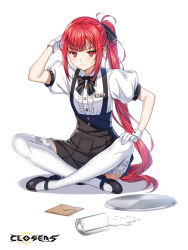 1girl annoyed badge black_bow black_bowtie black_shoes black_skirt blush bow bowtie breasts bright_pupils center_frills cleaning_rag closed_mouth closers collared_shirt copyright_name crossed_ankles cup drinking_glass frills frown full_body garter_straps gloves hair_bow hand_on_own_head hand_on_own_knee hand_up high-waist_skirt highres indian_style lace lace-trimmed_thighhighs lace_trim logo long_hair looking_at_viewer mary_janes miniskirt official_art pleated_skirt ponytail puffy_short_sleeves puffy_sleeves red_eyes red_hair seth_(closers) shirt shoes short_sleeves sidelocks sitting skirt small_breasts solo spill suspender_skirt suspenders sweatdrop tachi-e thighhighs tray underbust v-shaped_eyebrows very_long_hair waitress water white_background white_gloves white_pupils white_shirt white_thighhighs zettai_ryouiki