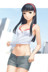 Rule 34 | 1girl, amagi yukiko, black hair, blue sky, border, bra, breasts, camisole, cowboy shot, crop top, grey eyes, grey shorts, hairband, highres, letterboxed, long hair, miura-n315, navel, open fly, parted lips, red bra, red hairband, short shorts, shorts, sky, small breasts, solo, stomach, straight hair, underwear, very long hair, white border, white camisole