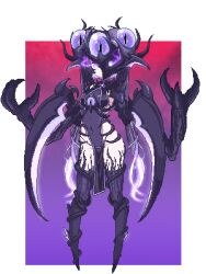 black_hair blue_heater_2 dreadscythe extra_arms extra_eyes eye_hair_ornament glowing glowing_eyes glowing_hair glowing_weapon hair_bun half_mask highres horns mask monster_girl no_feet no_hands non-web_source onatsurat pixel_art purple_eyes spiked_pauldrons twintails weapon wooden_arm