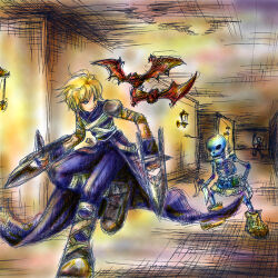 1boy 2000s_(style) armor assassin_(ragnarok_online) bandages bandages_over_clothes bat_(animal) blonde_hair cape closed_mouth commentary_request dagger drainliar dual_wielding full_body hallway holding holding_dagger holding_knife holding_weapon indoors jamadhar knife lantern lowres male_focus oekaki pants pauldrons pazy purple_cape purple_pants purple_shirt ragnarok_online shirt short_hair shoulder_armor skeleton sleeveless sleeveless_shirt smile soldier_skeleton_(ragnarok_online) undead waist_cape weapon