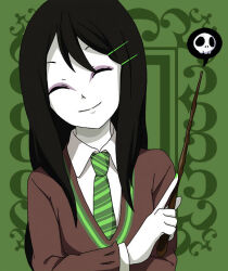 ^_^ alternate_costume artemis-girl black_hair closed_eyes deviantart eyeliner formal_clothes green_background hair_between_eyes hair_ornament hairclip harry_potter_(cosplay) long_hair makeup nail_polish naruto_(series) orochimaru_(naruto) pale_skin patterned_background smile speech_bubble spoken_skull striped_clothes suit wand