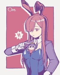 ! !! animal_ears closed_mouth detached_collar fake_animal_ears fate/grand_order fate_(series) gloves goma1021 hair_over_one_eye highres leotard long_hair long_sleeves oda_nobunaga_(fate) oda_nobunaga_(maou_avenger)_(fate) playboy_bunny rabbit_ears red_eyes red_hair